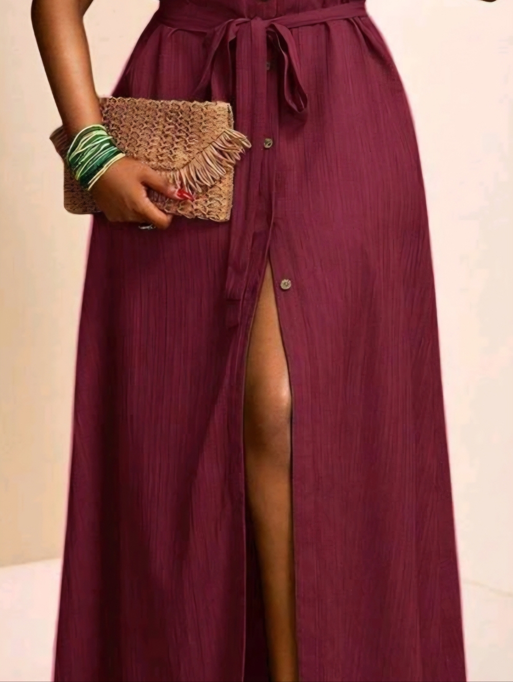 Classic Long Button-Front Women’s Dress in Burgundy
